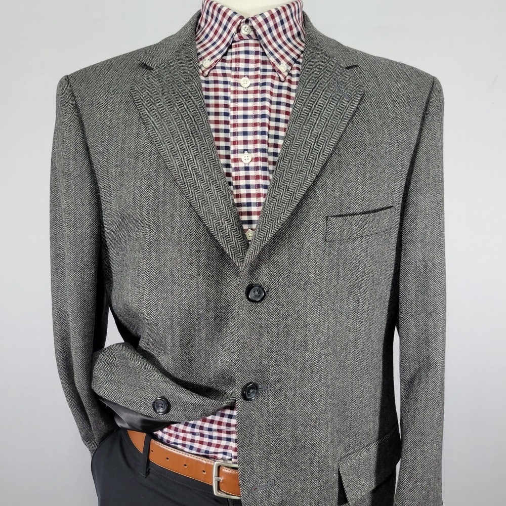 Stafford Essentials Mens Sport Coat Blazer Three Button GRY Herringbone Wool 42S - Picture 6 of 16